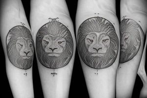 an ancient coin that has the 4 stoic virtues on it. a lion, an owl, a scale and an anchor. The tattoo should be round like a coin and and the symvols should be each in a quarter of the coin. tattoo idea