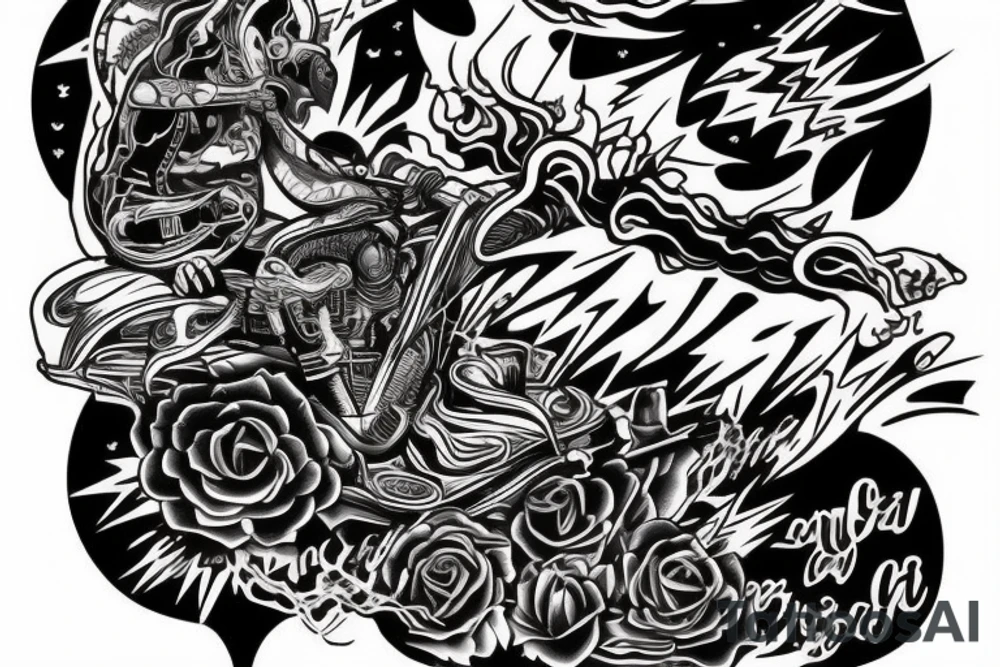 transform this quote into a tattoo but without using any words, only art and symbols: "if you're gonna ride like lightning, you're gonna crash like thunder" tattoo idea