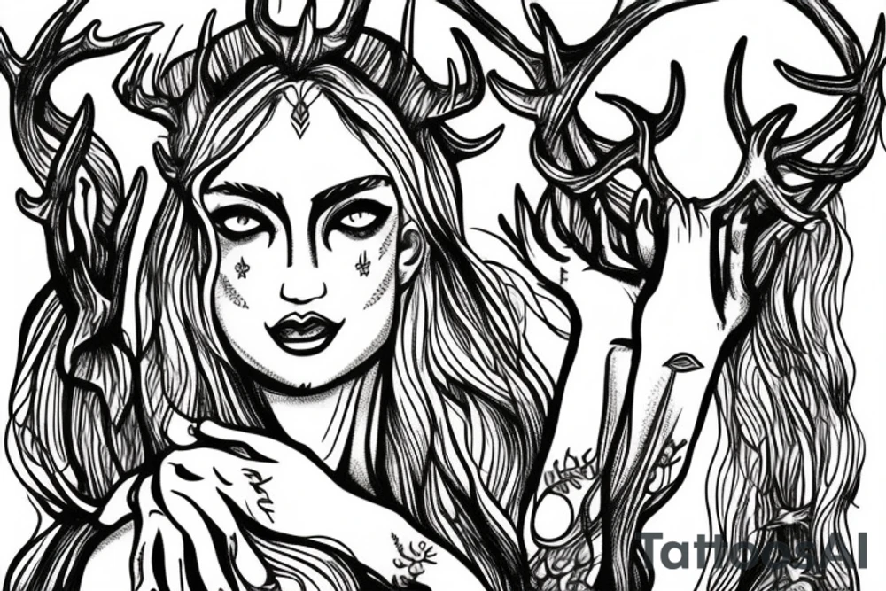 nordic godess hel with antlers tattoo idea