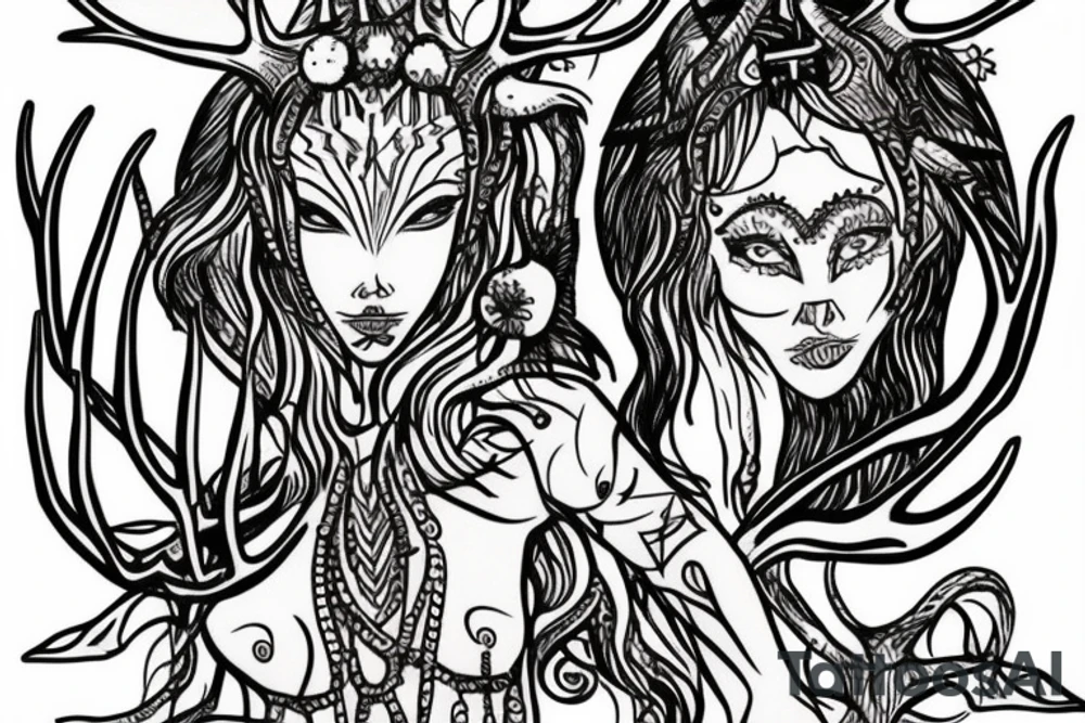 nordic godess hel with antlers in a dark cave setting tattoo idea