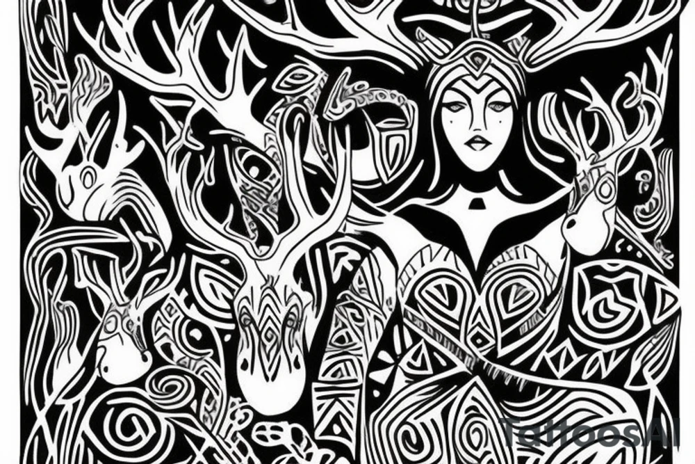 nordic godess hel with antlers in a dark cave setting tattoo idea