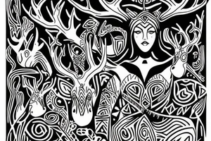 nordic godess hel with antlers in a dark cave setting tattoo idea