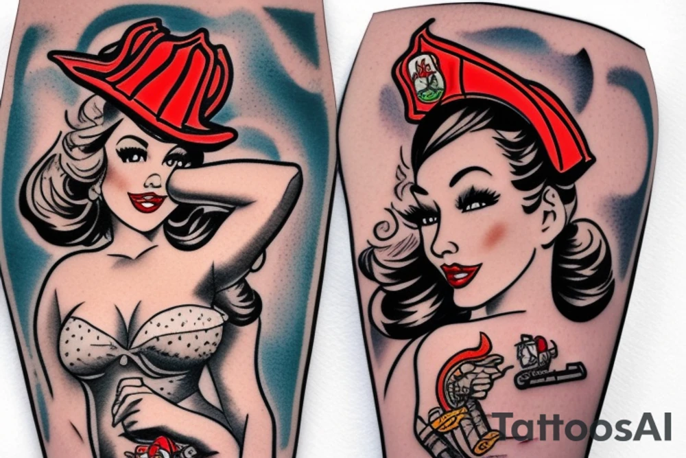 American traditional firefighter pin up girl tattoo idea