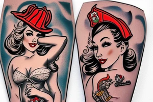 American traditional firefighter pin up girl tattoo idea