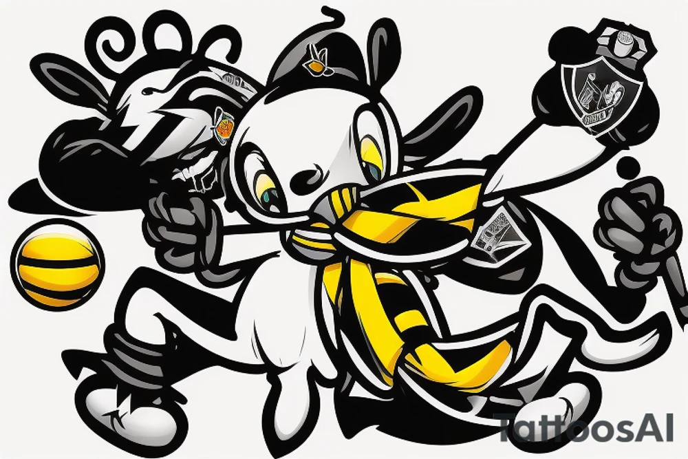 Bee with Newcastle Scarf around its neck and a deflated ball on its stinger. tattoo idea