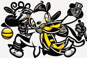 Bee with Newcastle Scarf around its neck and a deflated ball on its stinger. tattoo idea