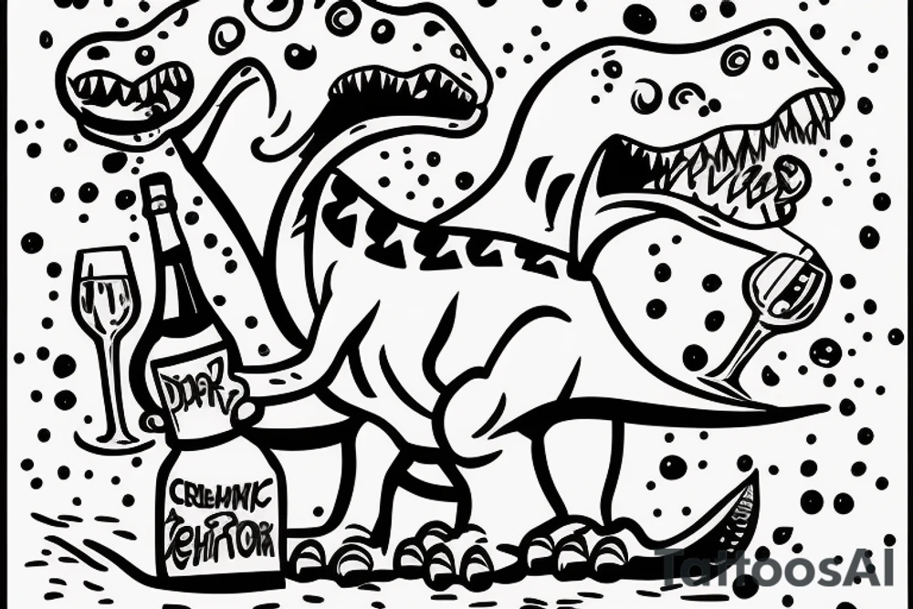 Drunk dinosaur with a bottle of champagne tattoo idea