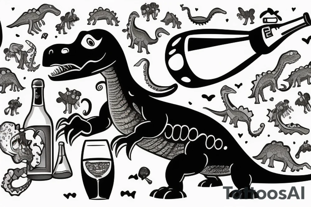 Drunk dinosaur with a bottle of champagne tattoo idea