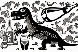 Drunk dinosaur with a bottle of champagne tattoo idea