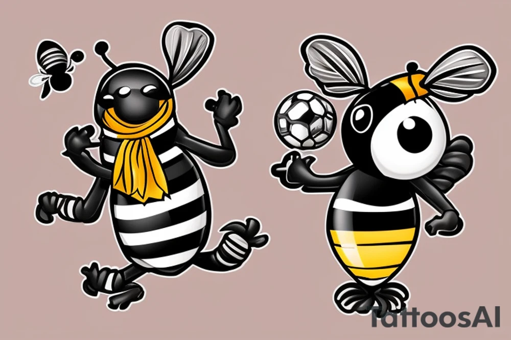 Bee with Newcastle Scarf around its neck and a deflated ball on its stinger. tattoo idea