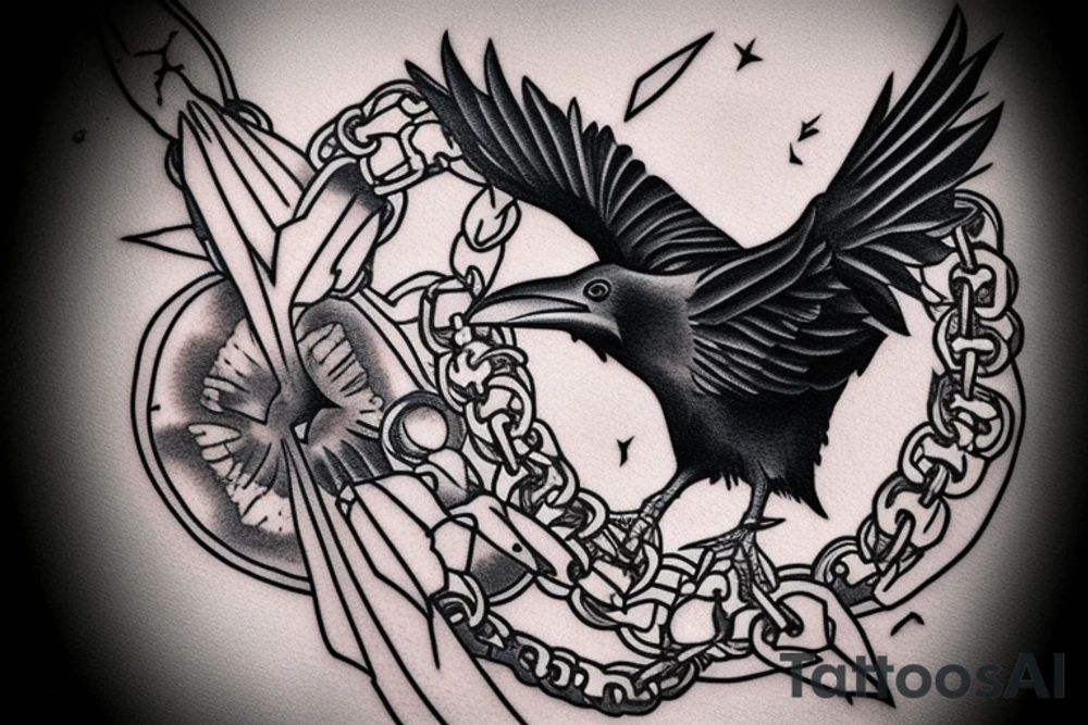 raven on chain trying to fly out tattoo idea