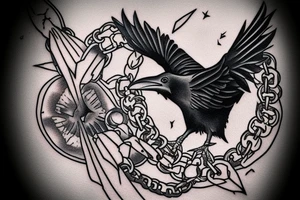 raven on chain trying to fly out tattoo idea