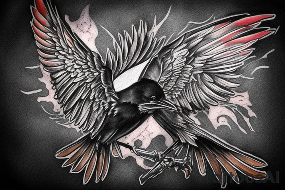 raven on chain trying to fly out, some blood, deep, dark tattoo idea