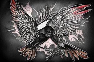 raven on chain trying to fly out, some blood, deep, dark tattoo idea