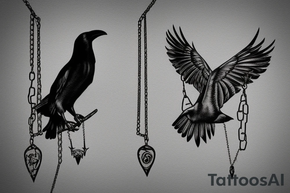 raven on chain trying to fly out, some blood, deep, dark tattoo idea
