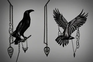 raven on chain trying to fly out, some blood, deep, dark tattoo idea