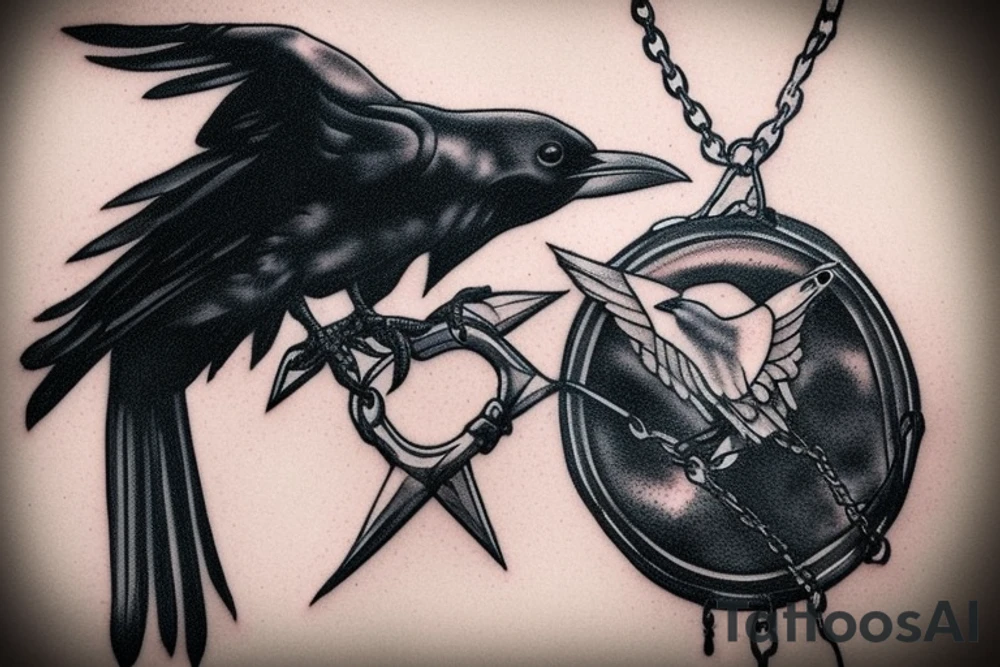 raven on chain trying to fly out, some blood, deep, dark tattoo idea
