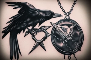 raven on chain trying to fly out, some blood, deep, dark tattoo idea