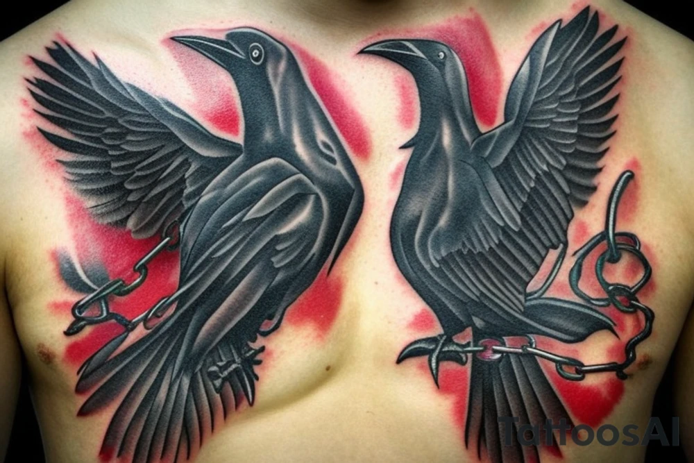 raven on chain trying to fly out, some blood, deep, dark tattoo idea