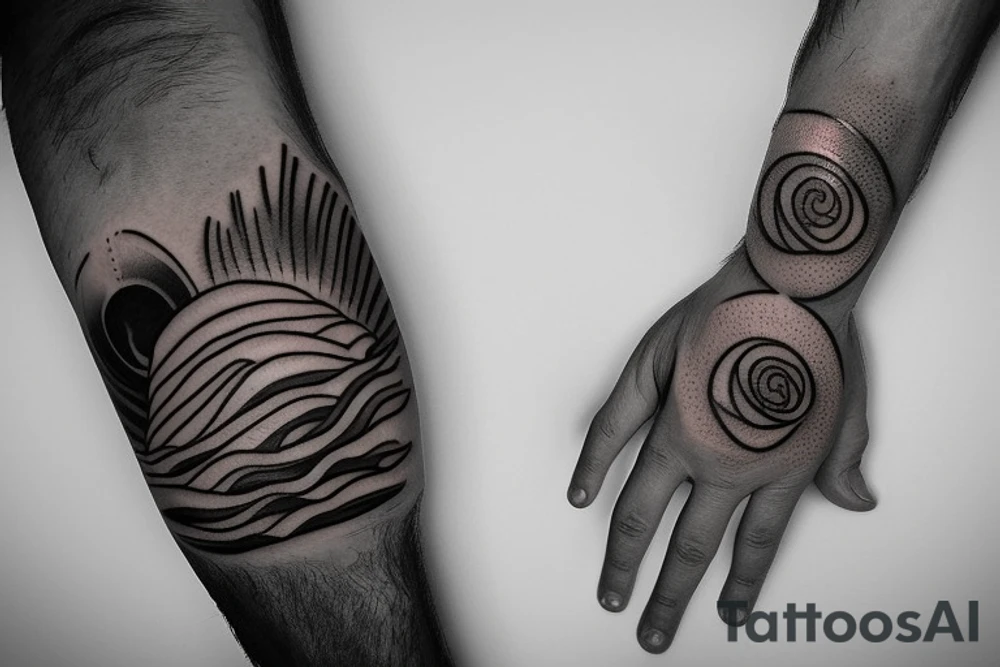 A hand holding the ocean and sunset tattoo idea A hand holding the ocean and sunset tattoo idea