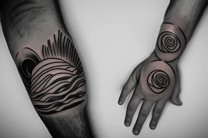 A hand holding the ocean and sunset tattoo idea