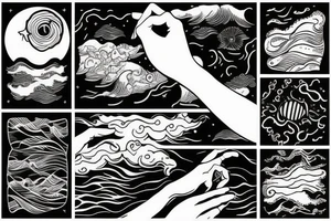 A hand holding the ocean and sunset tattoo idea