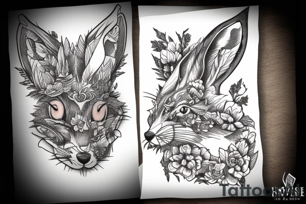 A hare rides on the guts of a fox tattoo idea