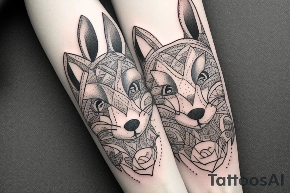 A hare rides on the guts of a fox tattoo idea