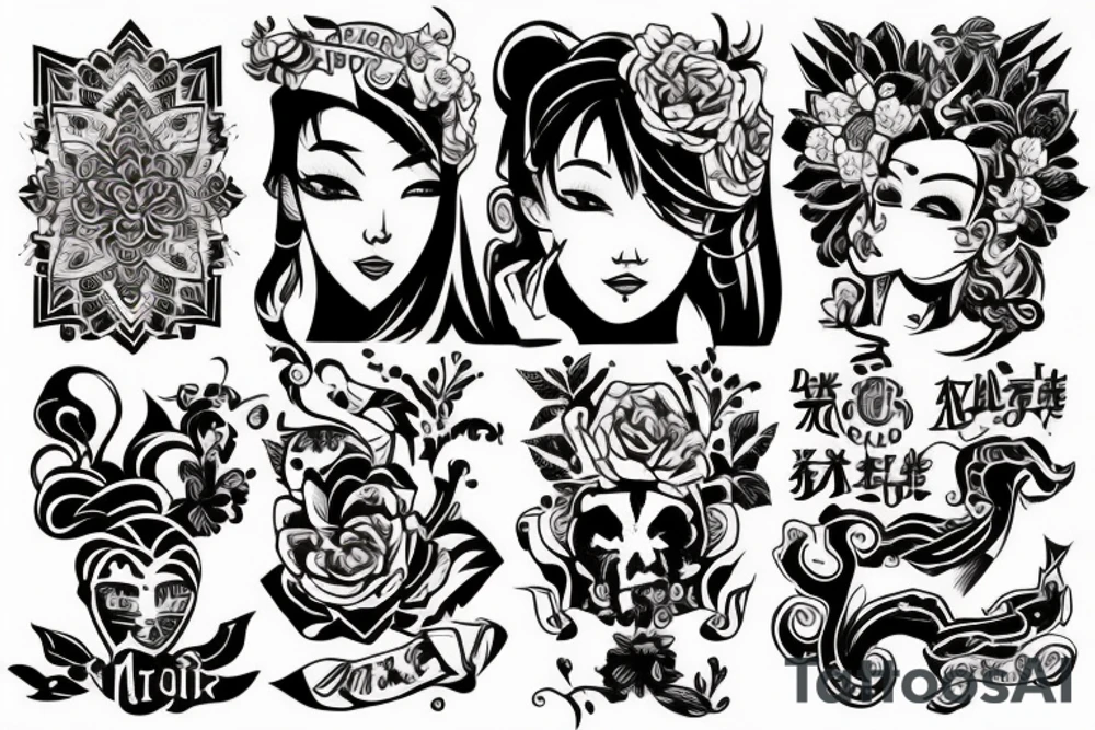 Облака, катана, маска демона, в квадрате tattoo idea