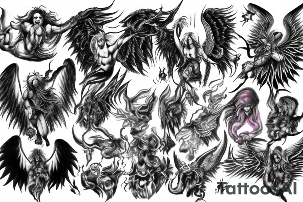 chest down to hand angel vs demon in between heaven and hell tattoo idea