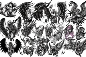 chest down to hand angel vs demon in between heaven and hell tattoo idea