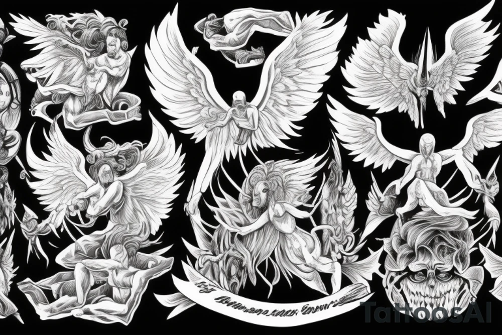 chest down to hand angel vs demon in between heaven and hell tattoo idea
