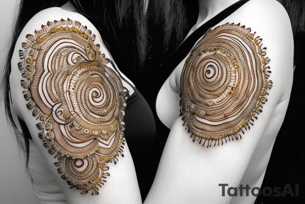 round mehndi on woman's shoulder tattoo idea