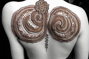 round mehndi on woman's shoulder tattoo idea