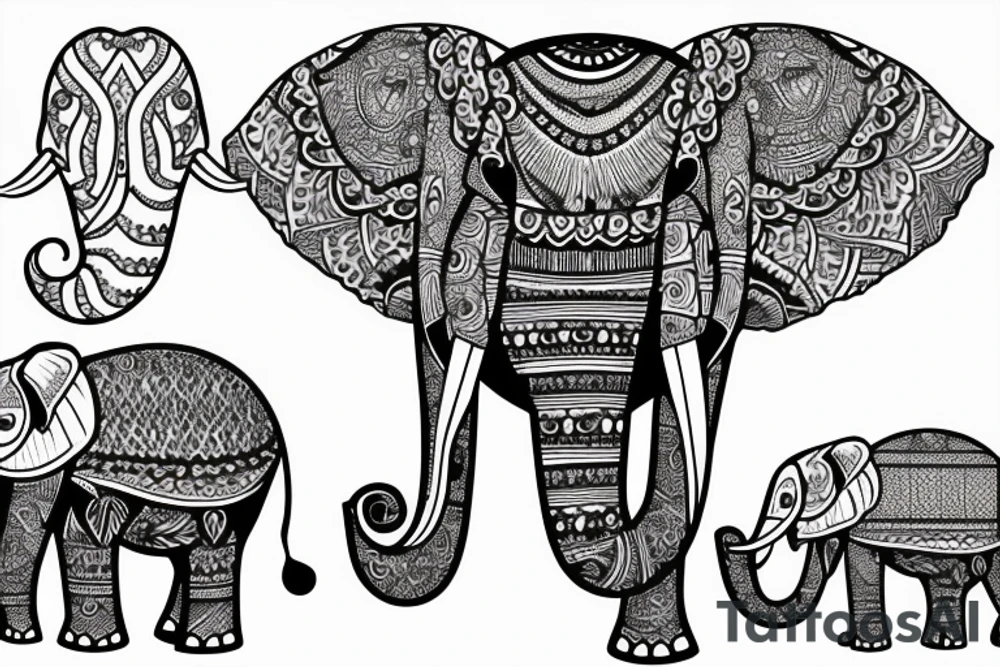 Traditional elephant with two baby’s tattoo idea