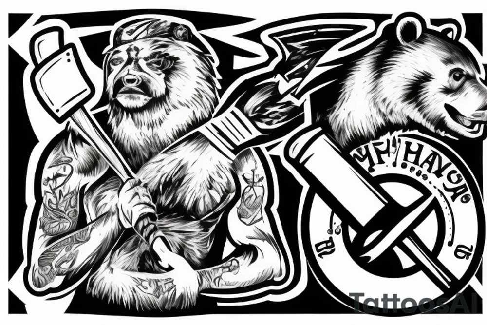 Man in bear skin with axe in hands riding motorcycle tattoo idea
