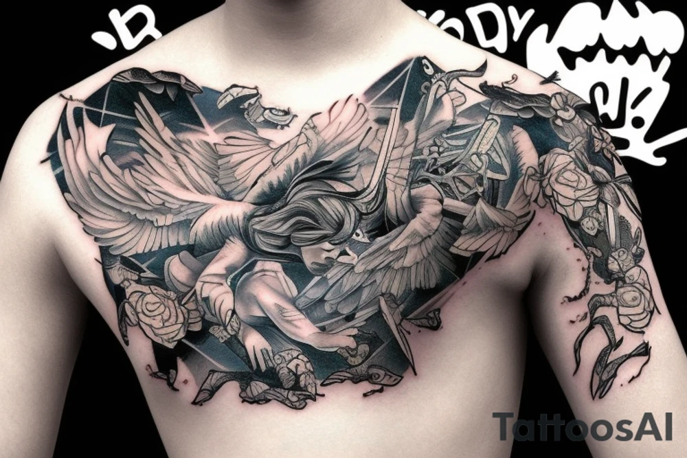 Boy flying with backpack tattoo idea