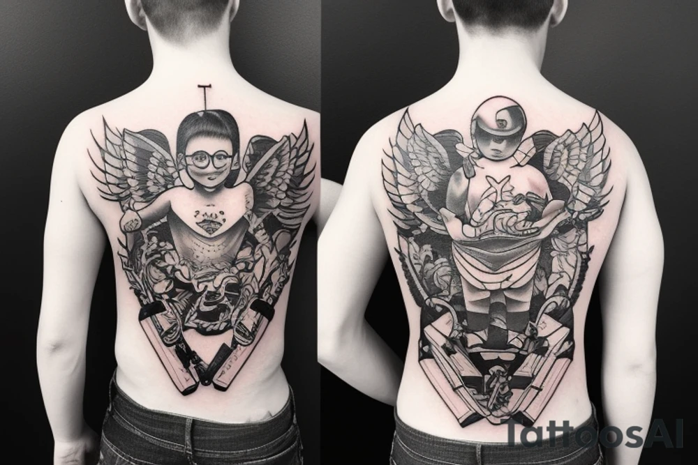 Boy flying with backpack tattoo idea
