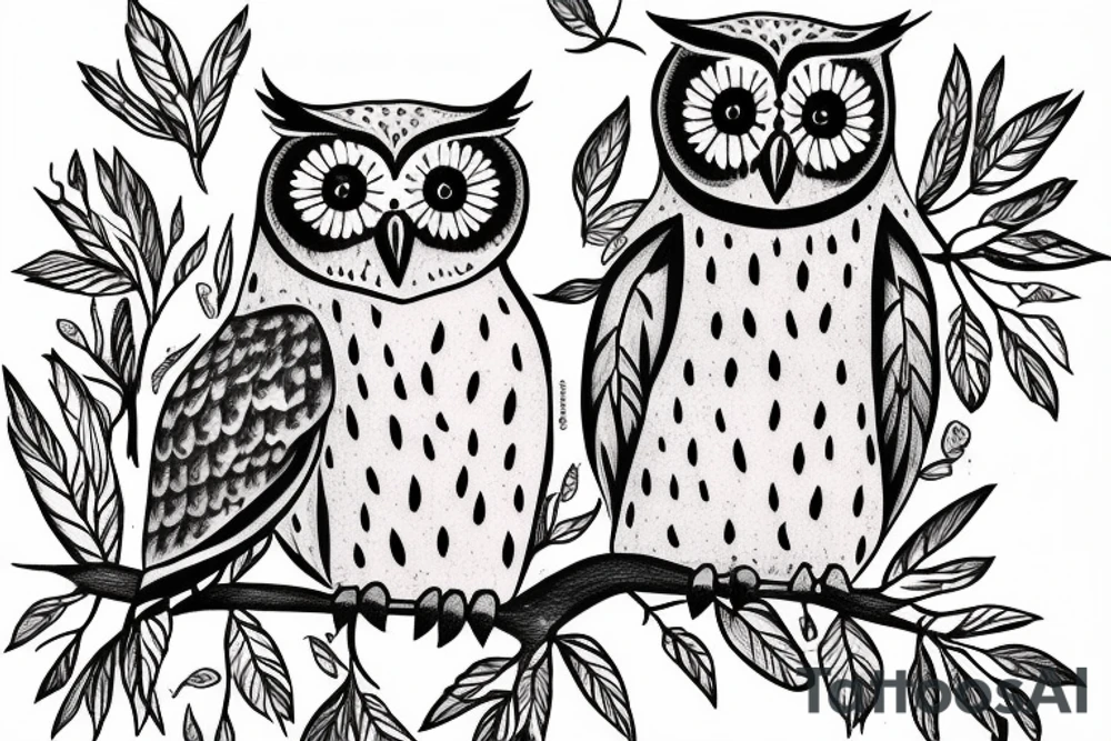 Normal owl, little owl and barn owl standing on a branch tattoo idea