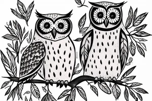 Normal owl, little owl and barn owl standing on a branch tattoo idea