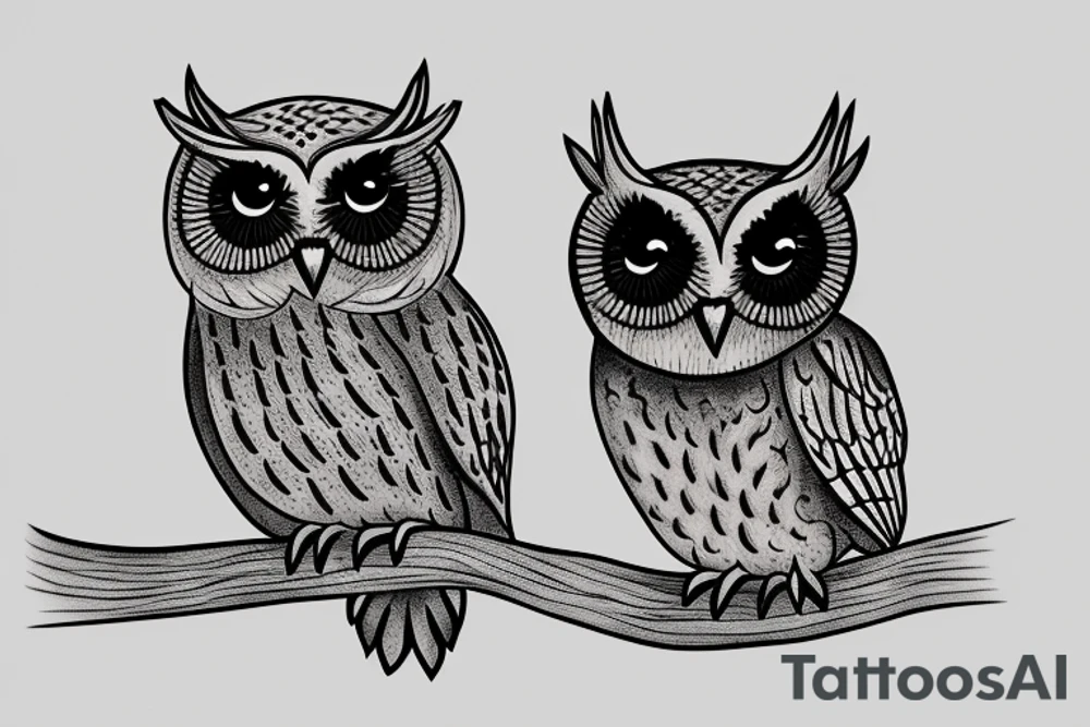 Normal owl, little owl and barn owl standing on a branch tattoo idea