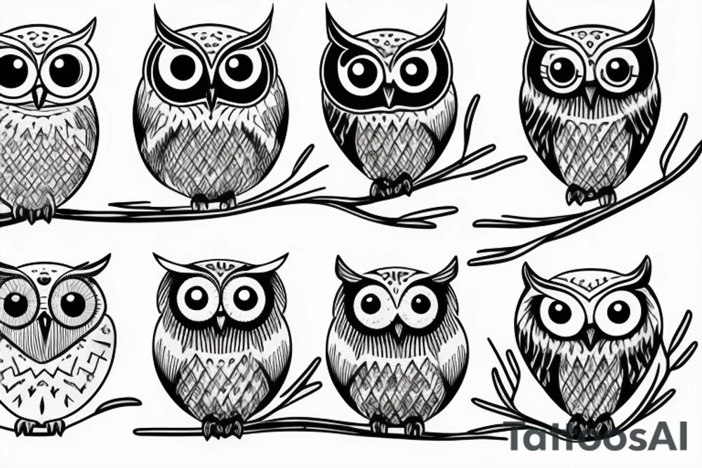 Set of 3 owls: normal owl, little owl and barn owl. Standing on a branch. Few lines, few details tattoo idea