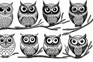 Set of 3 owls: normal owl, little owl and barn owl. Standing on a branch. Few lines, few details tattoo idea
