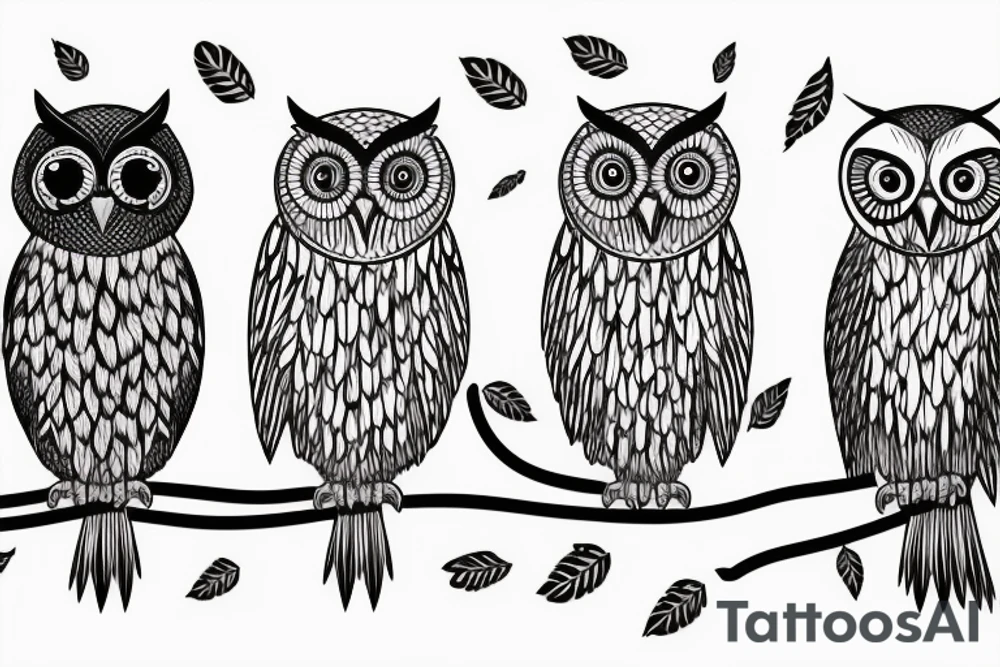 Set of 3 owls: normal owl, little owl and barn owl. Standing on a branch. Few lines, few details tattoo idea