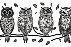 Set of 3 owls: normal owl, little owl and barn owl. Standing on a branch. Few lines, few details tattoo idea
