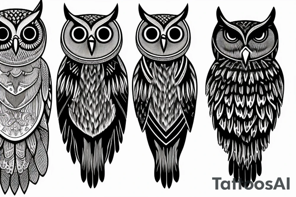Set of 3 owls: normal owl, little owl and barn owl. Few lines, NO details tattoo idea