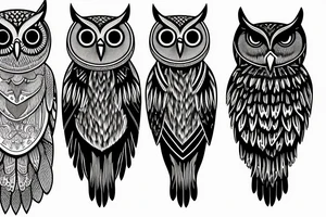 Set of 3 owls: normal owl, little owl and barn owl. Few lines, NO details tattoo idea