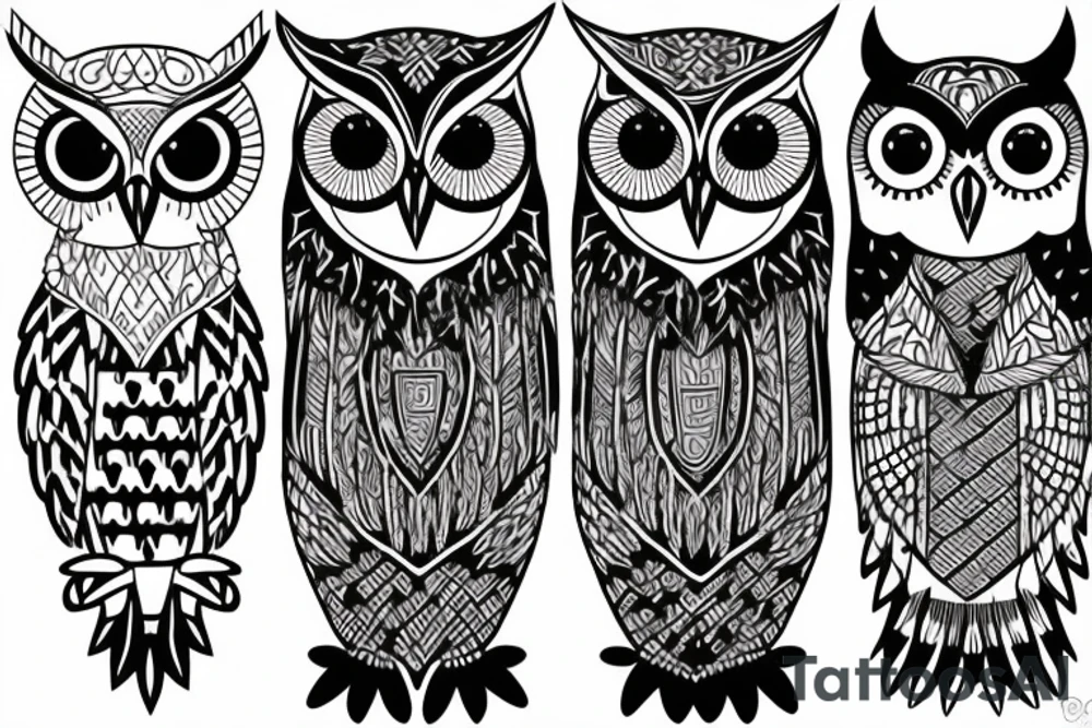 Set of 3 owls: normal owl, little owl and barn owl. Few lines, NO details tattoo idea