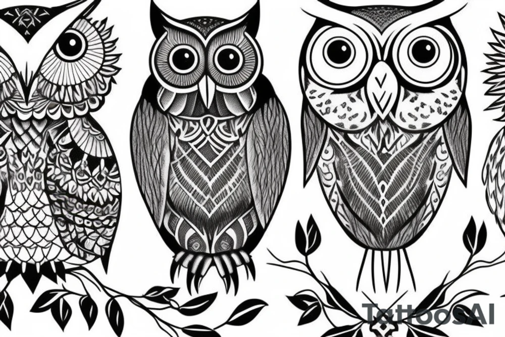 Set of 3 owls: normal owl, little owl and barn owl. Few lines, NO details tattoo idea