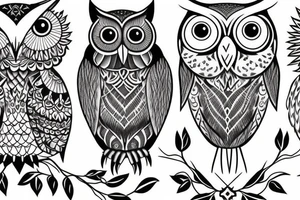 Set of 3 owls: normal owl, little owl and barn owl. Few lines, NO details tattoo idea